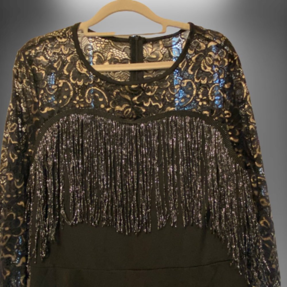 Shein Long Black Dress with Sweetheart Fringe and Gold/Black Lace Sleeves